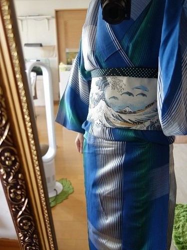 姉妹屋さんの 瑠璃紺×常磐色の縞模様単衣着物